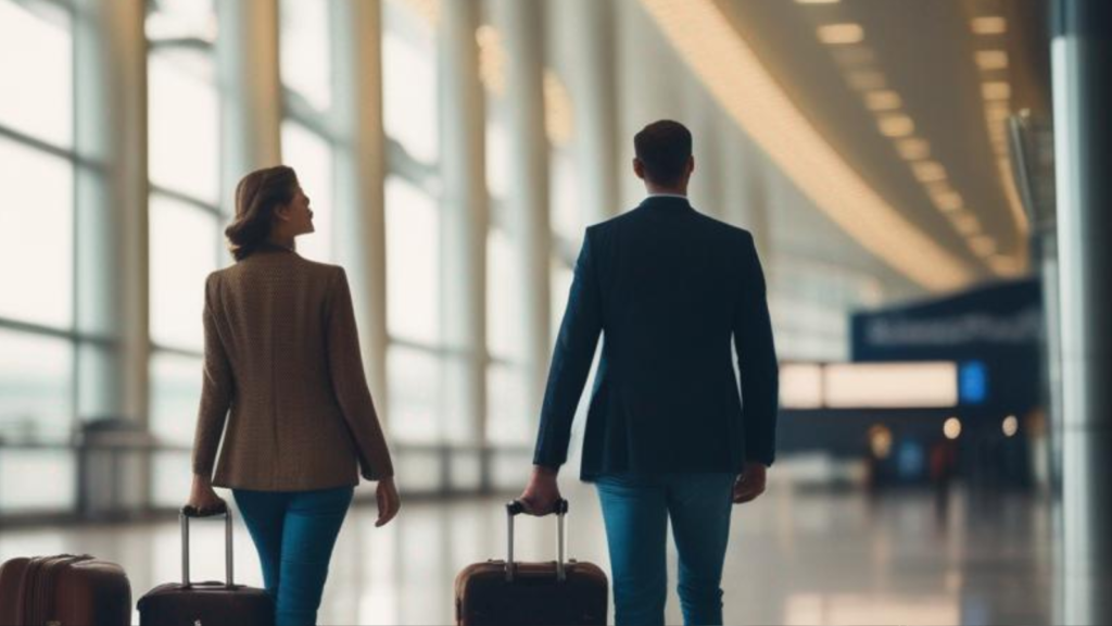 空港内でスーツケースを持って歩く女性用風俗ユーザーと女風セラピストの画像